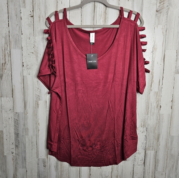 Amclos Women's Dark Red Scoop Neck Slashed Sleeve T-Shirt Top NWT Size 3XL - Picture 9 of 11